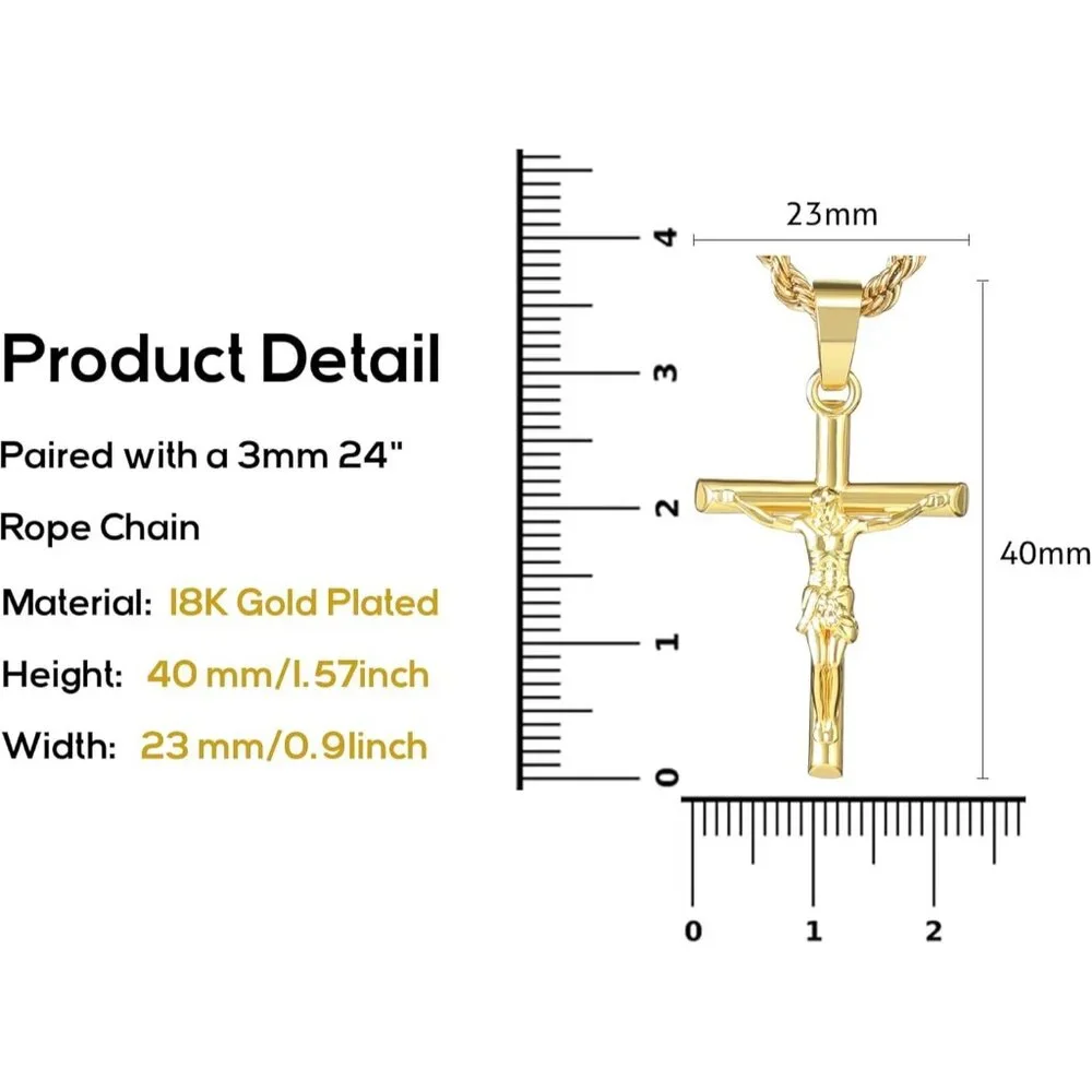 💫 Men Gold Crucifix Cross Necklace 18K Plated Cross Pendant Rope Chain Jewelry
